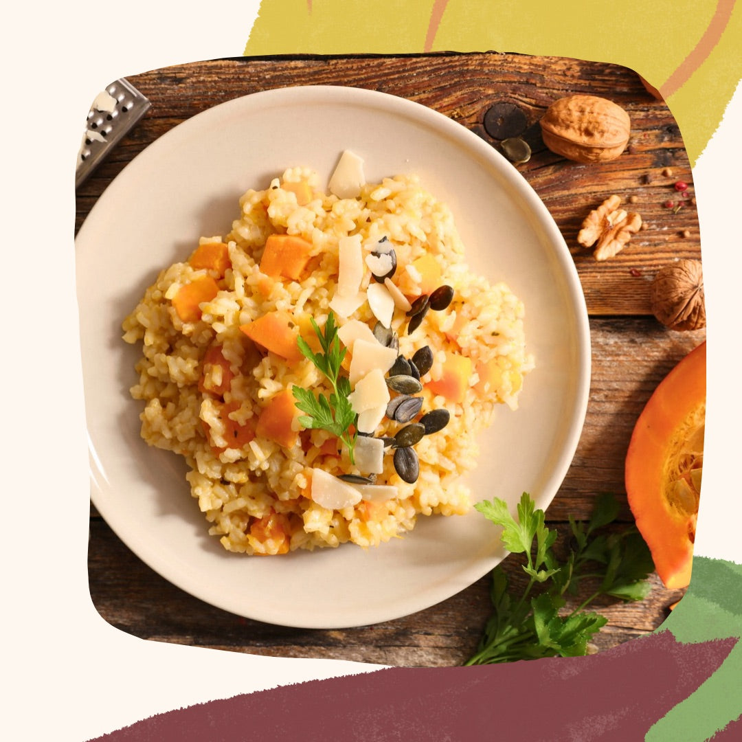 Risoto de abóbora assada com frutos secos e carne desfiada
