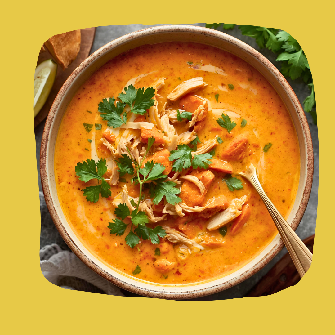 Sopa de cenoura com gengibre, açafrão da terra e frango desfiado