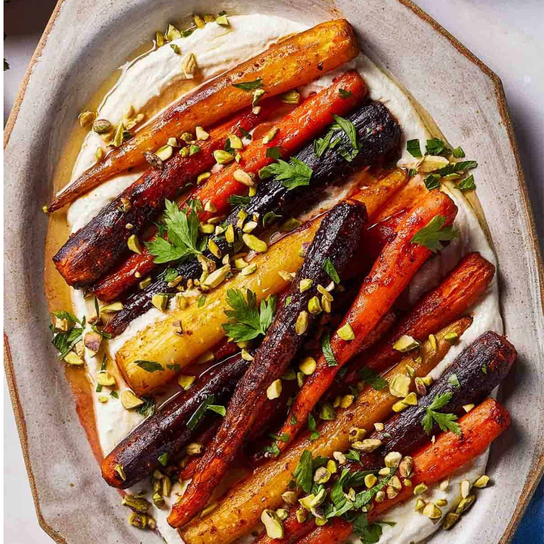 Cenouras coloridas ao molho de tahine com creme de feta e pistachios