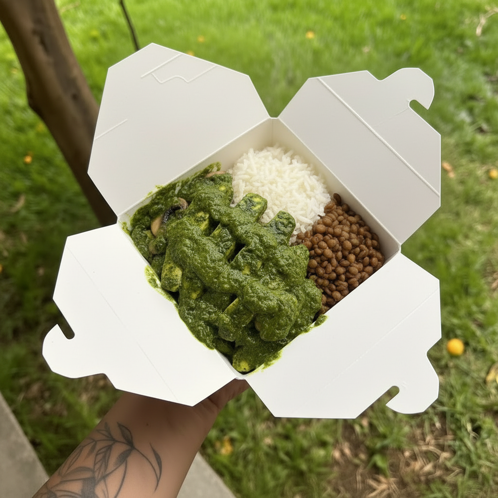 MARMITA DA SEMANA - Frango cremoso com espinafre e cogumelos, arroz e lentilha com gengibre e salsa