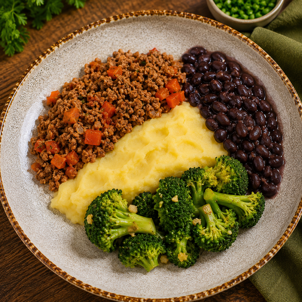 Carne picada, puré de batata, feijão preto e brócolos