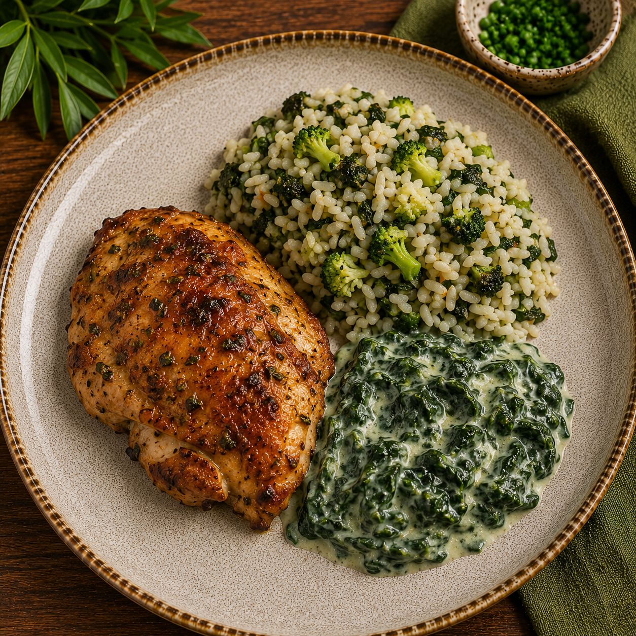 Frango dourado na manteiga de ervas, arroz nutritivo com brócolos e espinafre cremoso