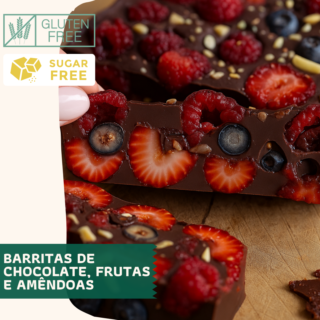 Barritas de chocolate negro, frutas vermelhas e amêndoas