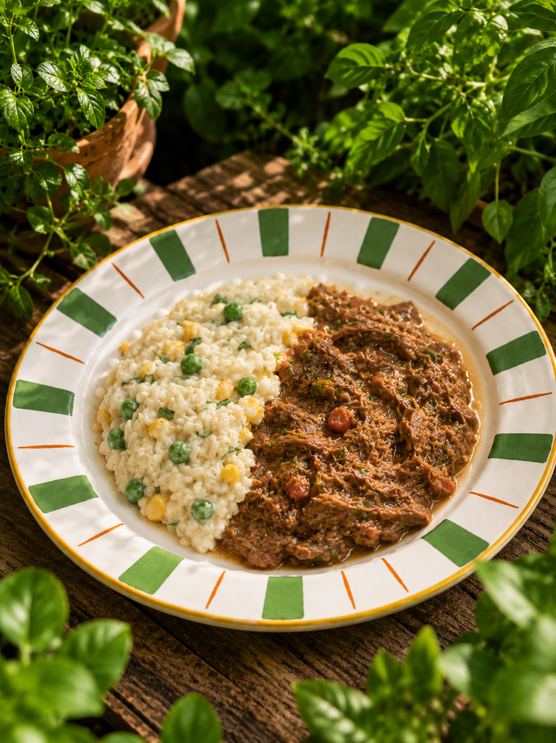 Carne desfiada ao molho de vinho com arroz à piamontese - 350g