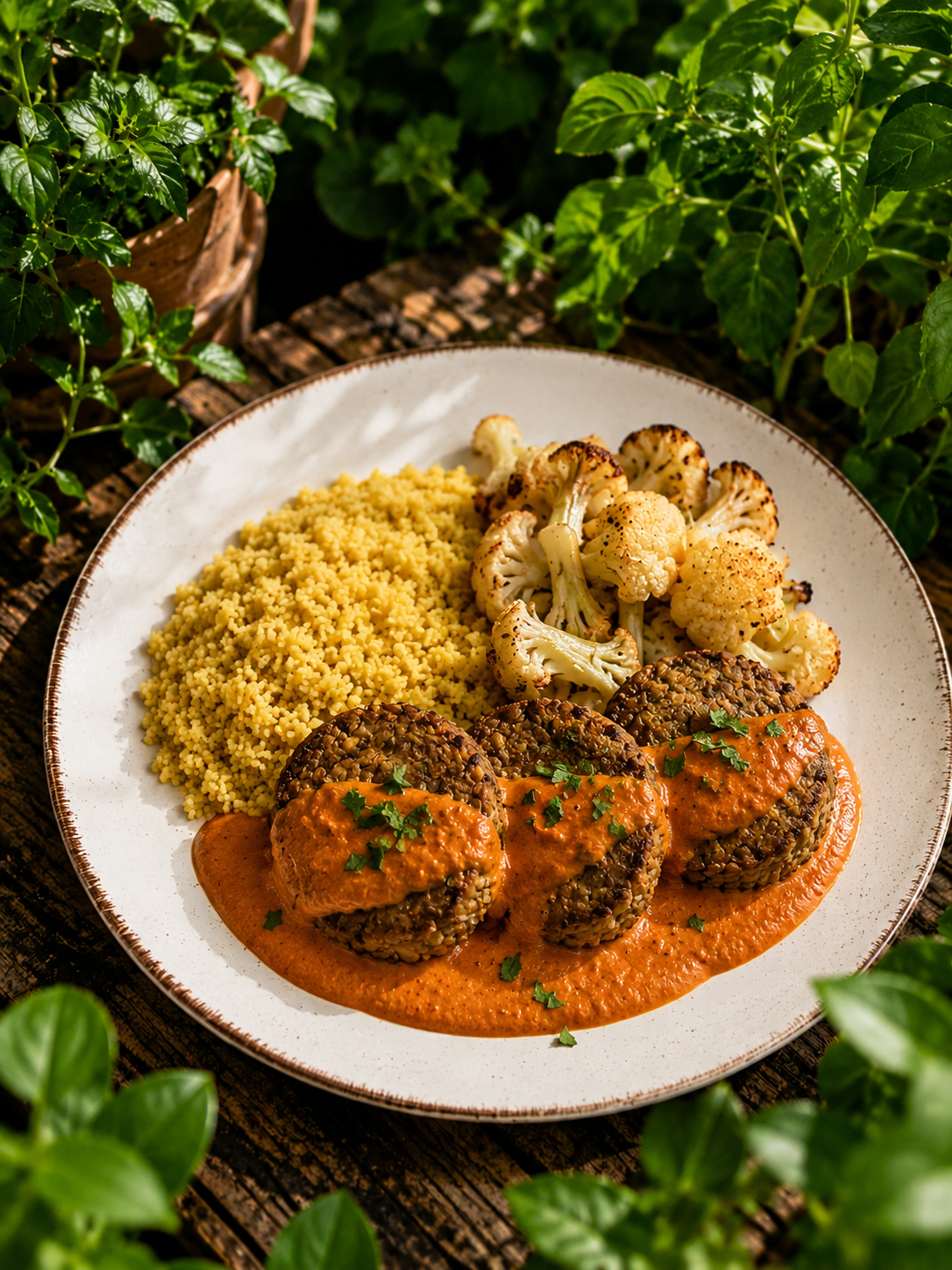 Bolinho de lentilha ao molho romesco, cuscuz marroquino e couve-flor assada