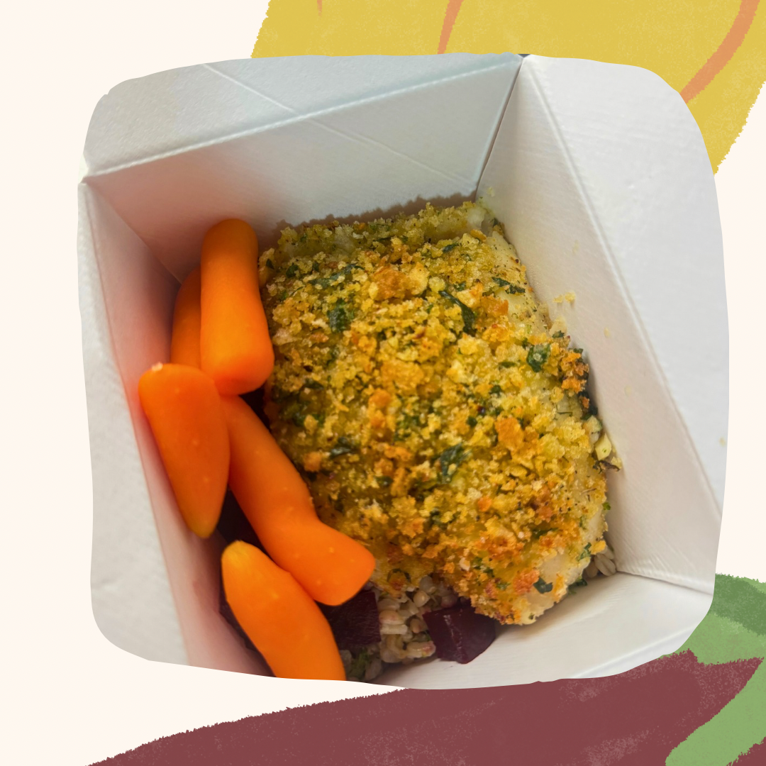 Pescadinha em crosta de ervas com limão, arroz integral nutritivo, cenoura e beterraba