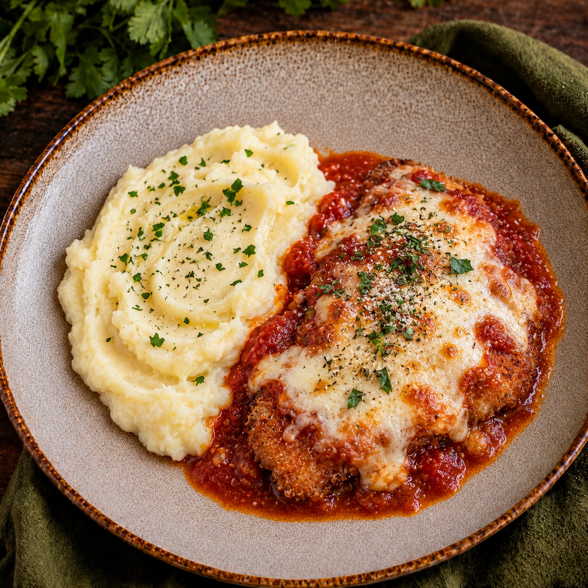 Frango à Parmegiana, pure de batata e mix de legumes