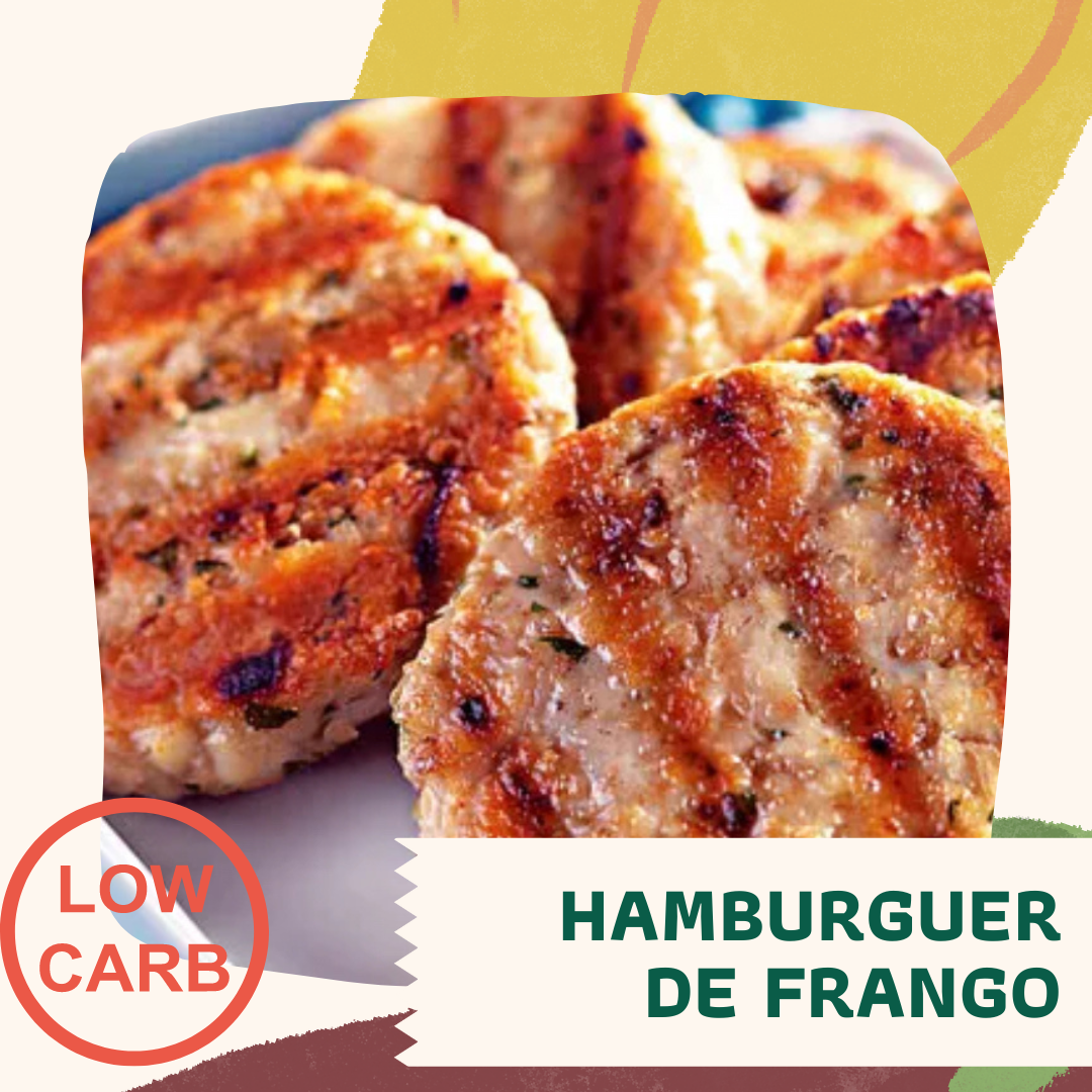 Hambúrguer de frango com alecrim, puré de batata e brócolos ao alho