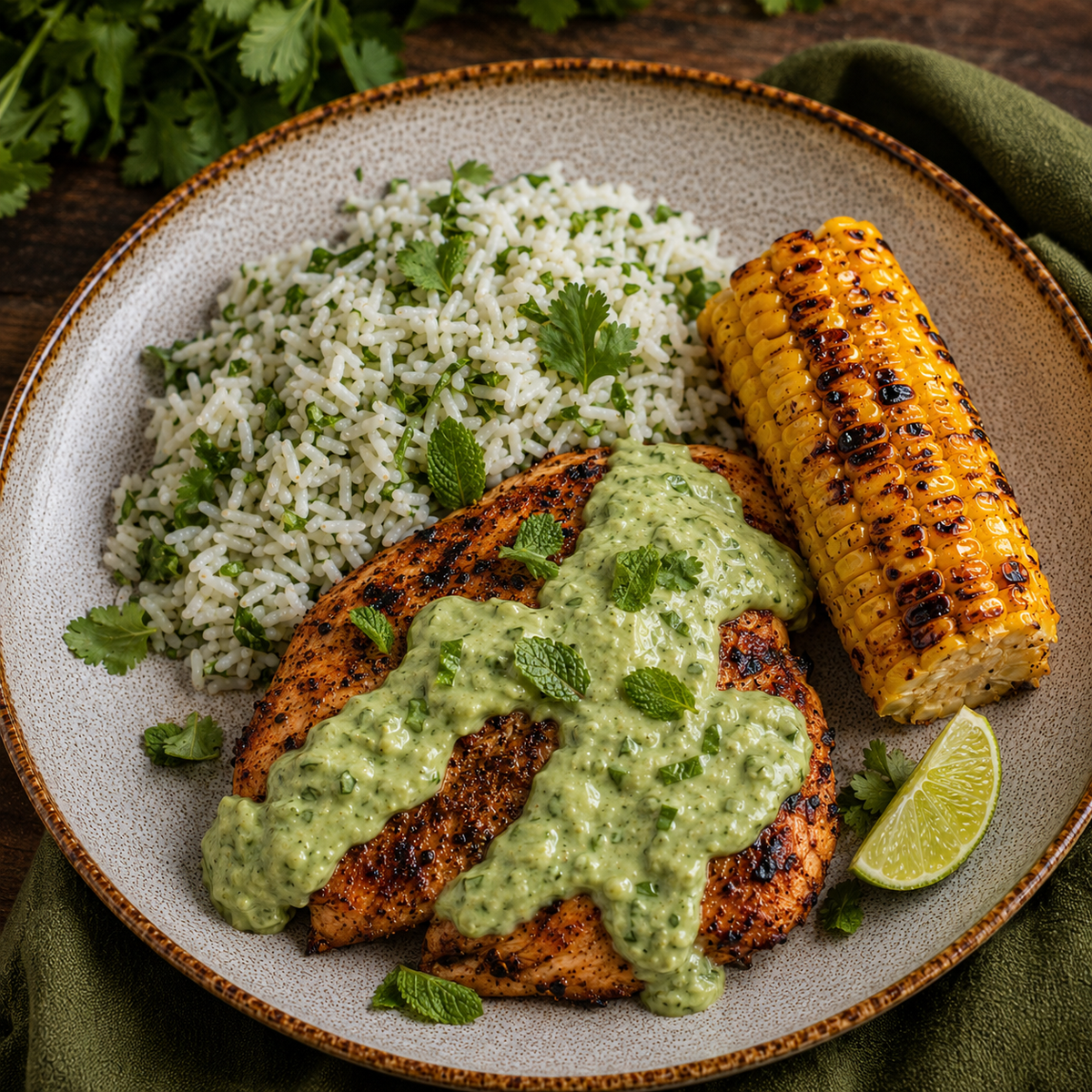 Frango mexicano com arroz de coentros,milho assado e creme de abacate e lima