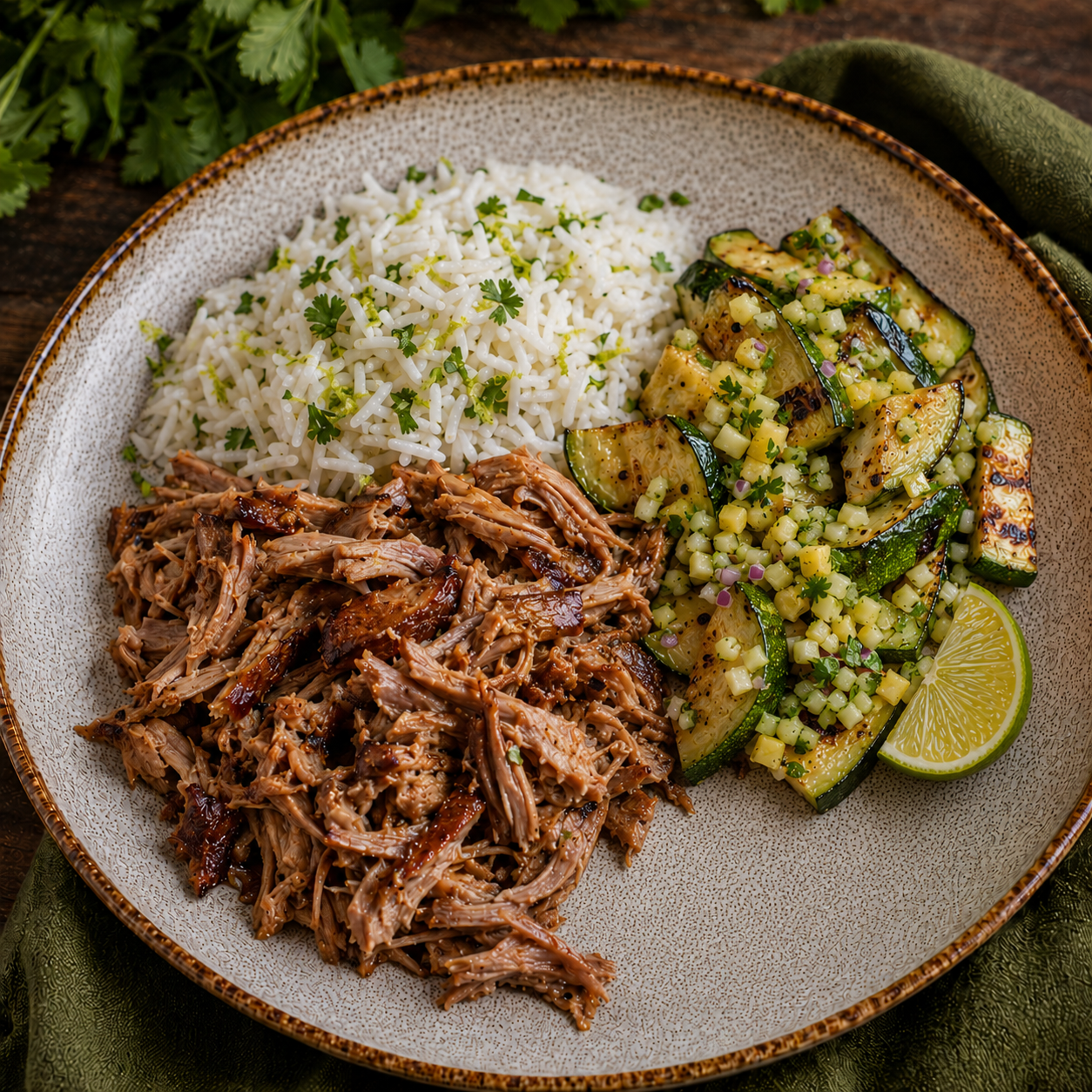 Pulled Pork, arroz, curgete e vinagrete de abacaxi, pepino e coentros