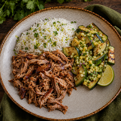 Pulled Pork, arroz, curgete e vinagrete de abacaxi, pepino e coentros