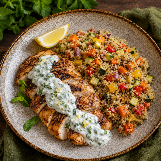 Frango marinado em limão, quinoa com legumes e molho de iogurte, hortelã e limão