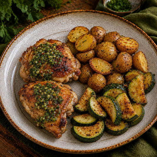Frango assado ao molho de ervas picante, curgete e batata baby assada