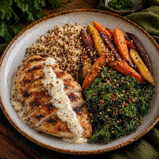 Bowl de Verão: Frango ao molho césar, quinoa, cenouras coloridas, couve japonesa e pipoca de trigo sarraceno