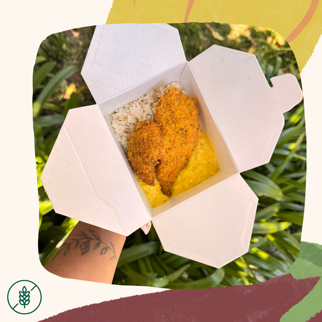 Frango panado (sem gluten), arroz e creme de milho