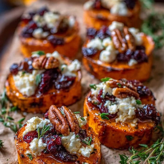 Batata doce assada com queijo feta, romã e nozes