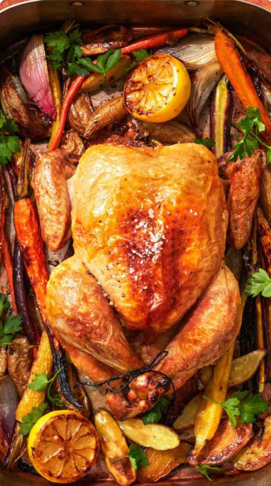 Frango do campo assado com mini legumes BIO, batata, arroz e farofa - 6 pax