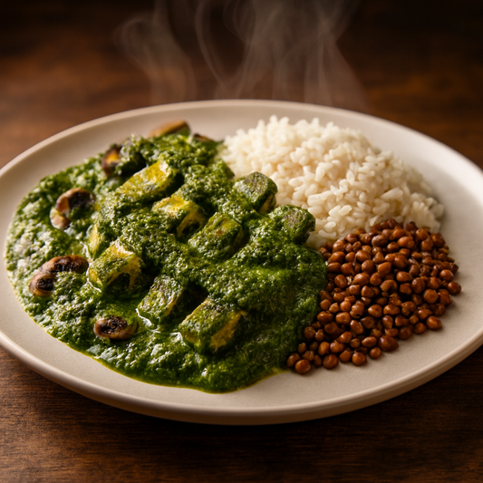MARMITA DA SEMANA - Frango cremoso com espinafre e cogumelos, arroz e lentilha com gengibre e salsa