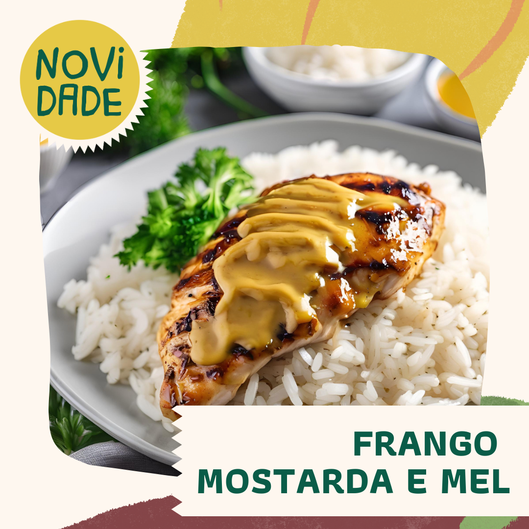 Frango Panado ao molho de Mostarda e mel, arroz e feijão preto