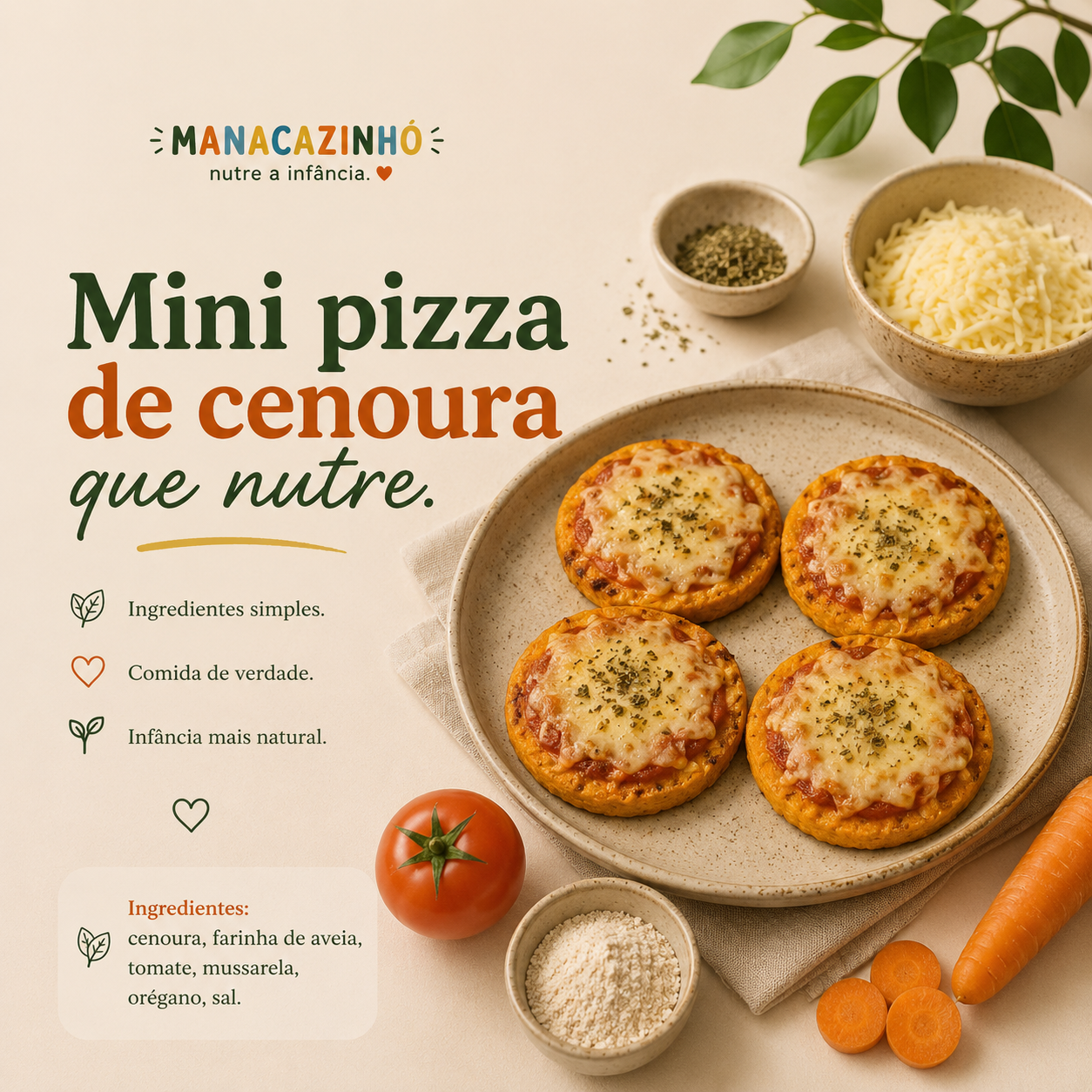Mini pizza de cenoura com queijo e oregaos - 12 unid