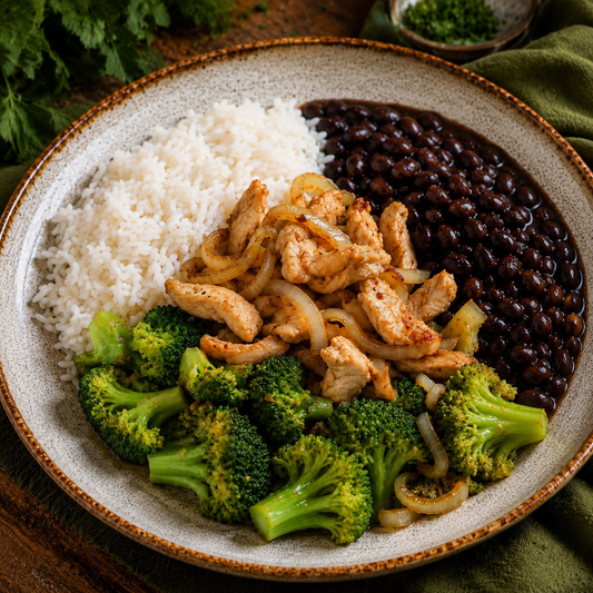 Brasileirinho de Frango (arroz, feijão preto e frango grelhado e legumes)