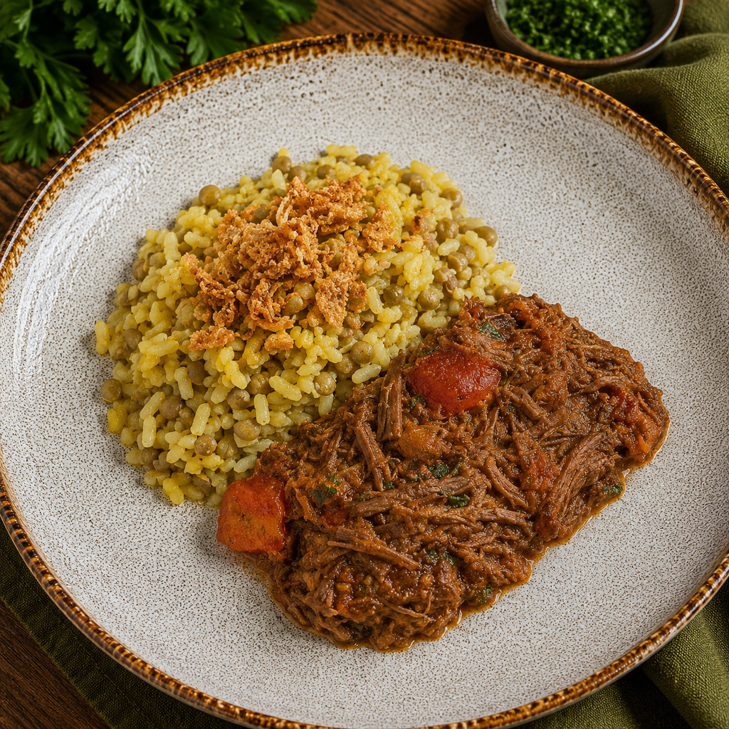 Carne desfiada com arroz com lentilha