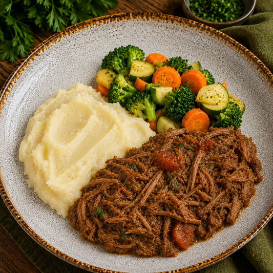 Carne desfiada , puré de batata e mix de legumes