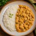 Strogonoff de frango com cogumelos frescos e arroz branco