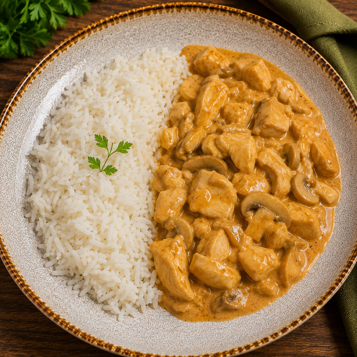 Strogonoff de frango com cogumelos frescos e arroz branco