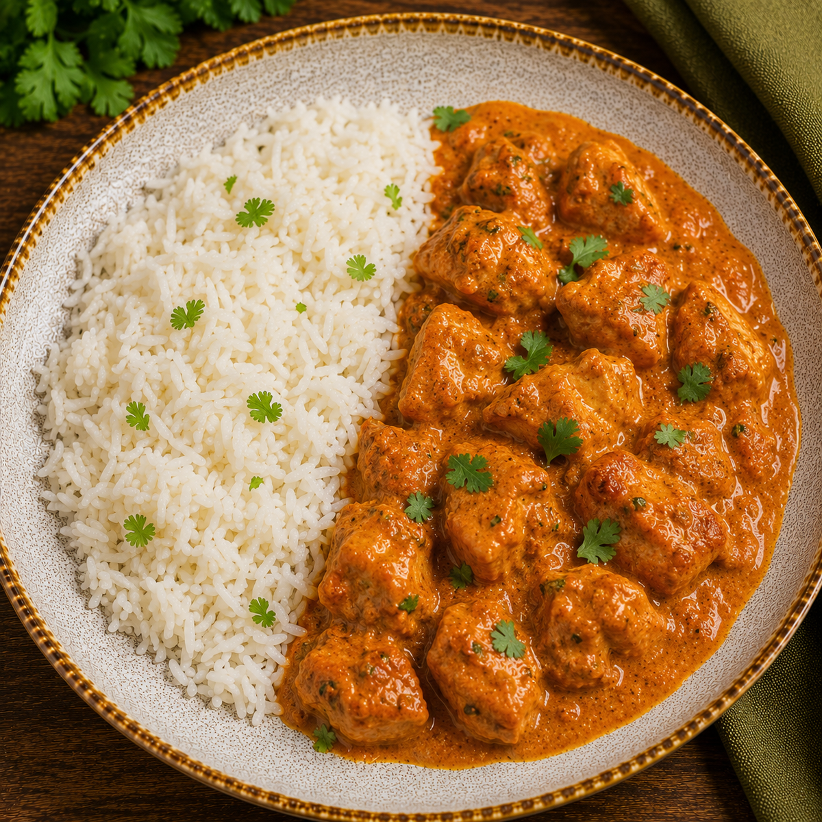 Frango Tikka Masala com arroz basmati aromatico