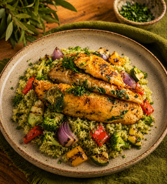 Filé de Tilapia, arroz integral nutrivo e mix de legumes assados