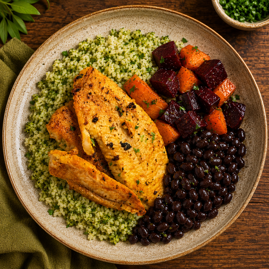 Pescadinha grelhada, arroz integral nutritivo, feijão preto, cenoura e beterraba