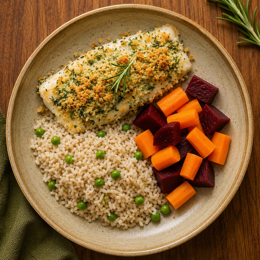 Filete de peixe em crosta de ervas, arroz integral nutritivo, cenoura e beterraba