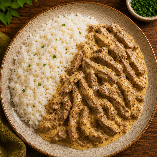 Iscas suinas ao molho de 3 mostardas com arroz branco