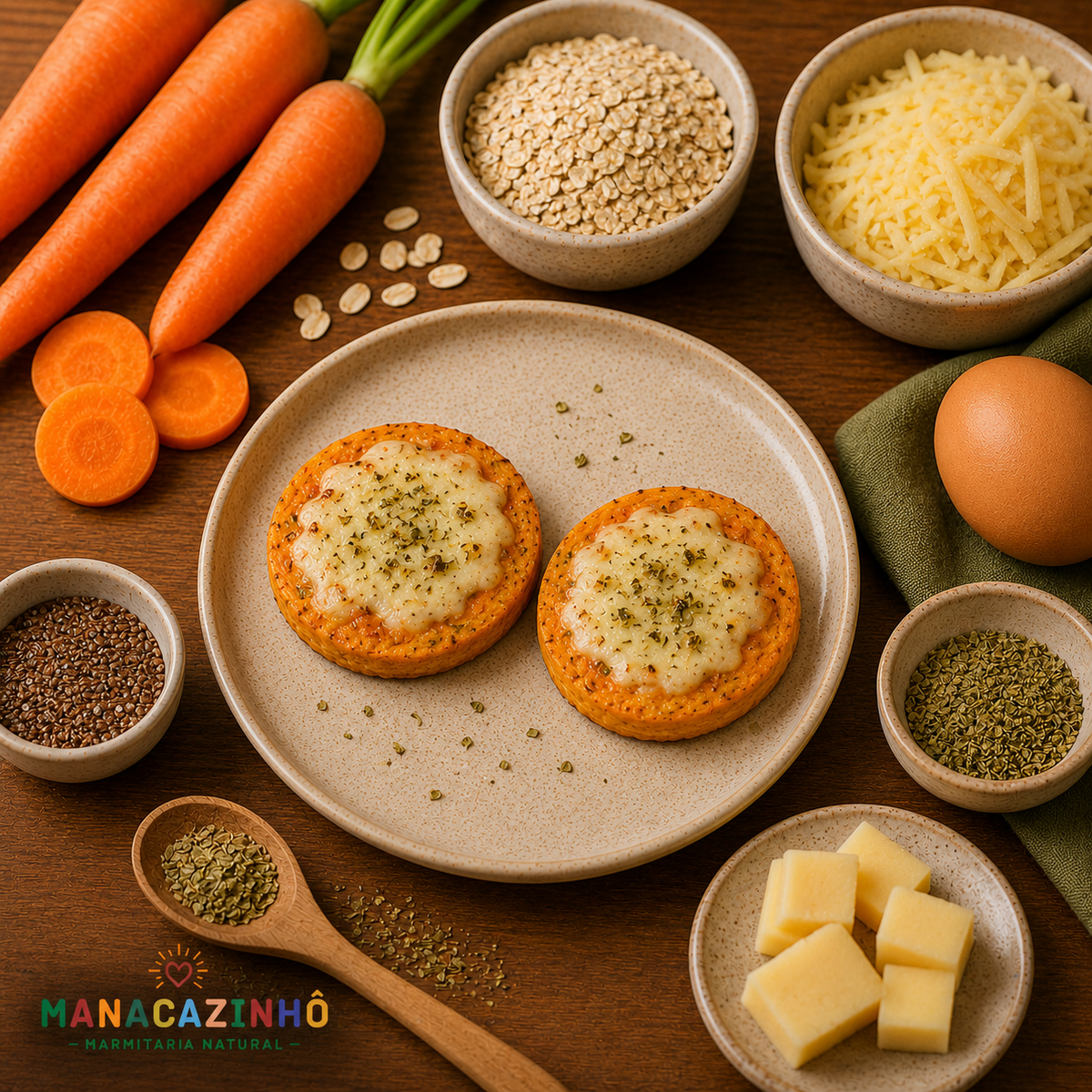 Mini pizza de cenoura com queijo e oregaos - 12 unid
