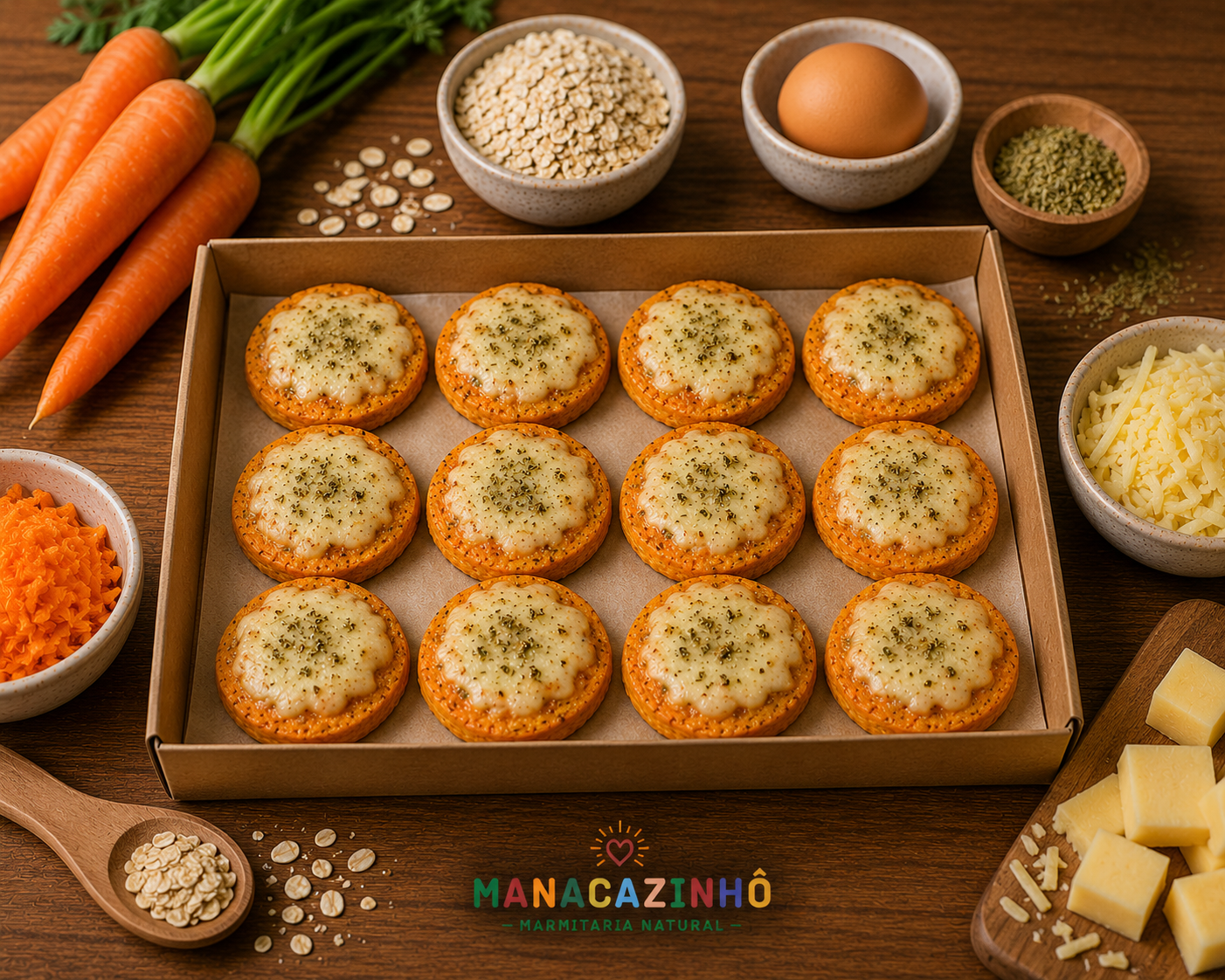 Mini pizza de cenoura com queijo e oregaos - 12 unid