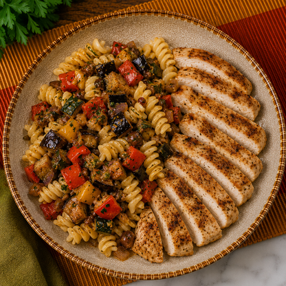 Massa com caponata de legumes com manjericão e lombinho de frango grelhado
