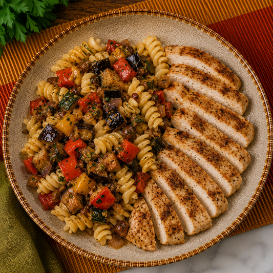 Massa com caponata de legumes com manjericão e lombinho de frango grelhado