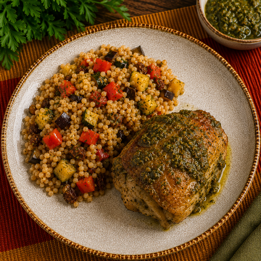 Frango assado ao pesto e cuscuz marroquino com legumes mediterrâneos