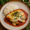Frango à Parmegiana, arroz branco e mix de legumes