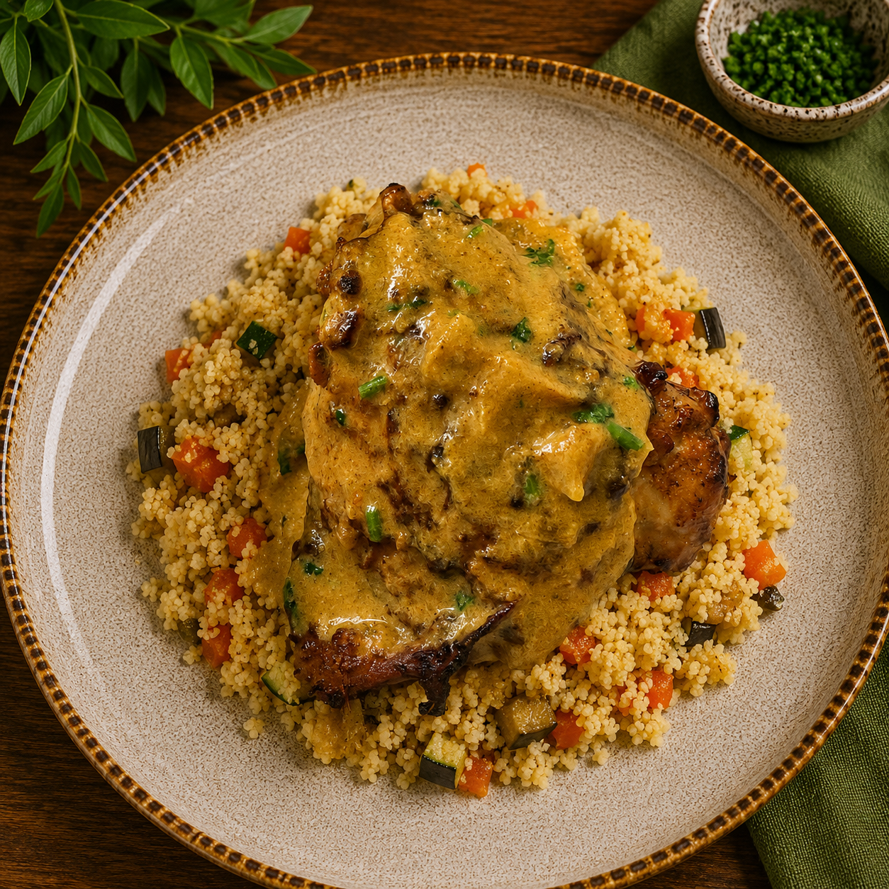 Frango assado ao molho de caril com cuscuz marroquino de legumes