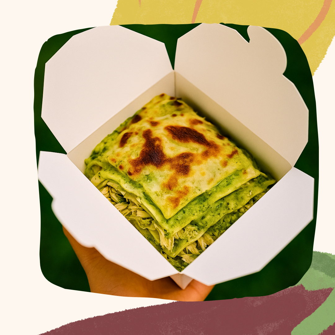 Lasanha de frango desfiado, creme de ricota, espinafre e parmesão