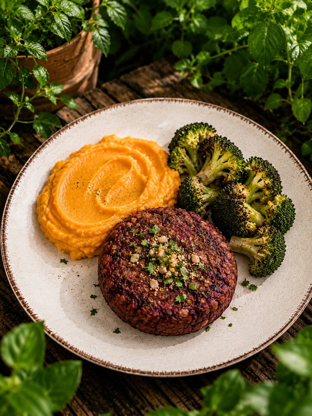 Hambúrguer de lentilha com beterraba, pure de batata doce e brócolos tostados