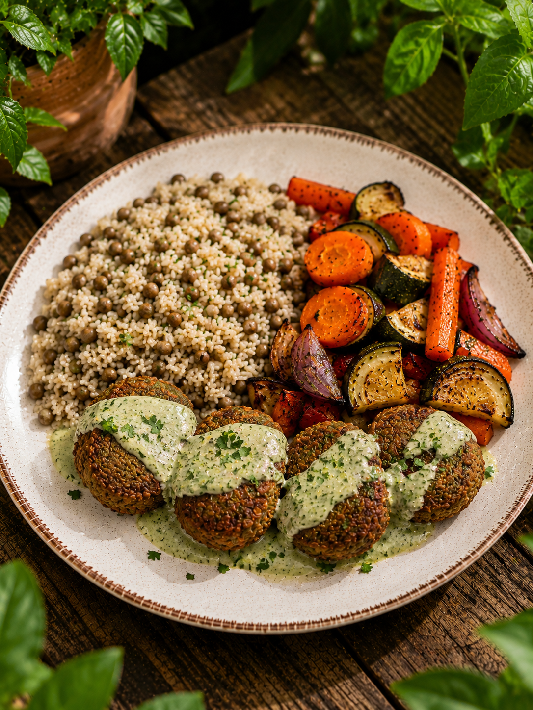 Falafel ao molho de ervas, arroz de lentilhas com cebola caramelizada e vegetais assados (vegan)