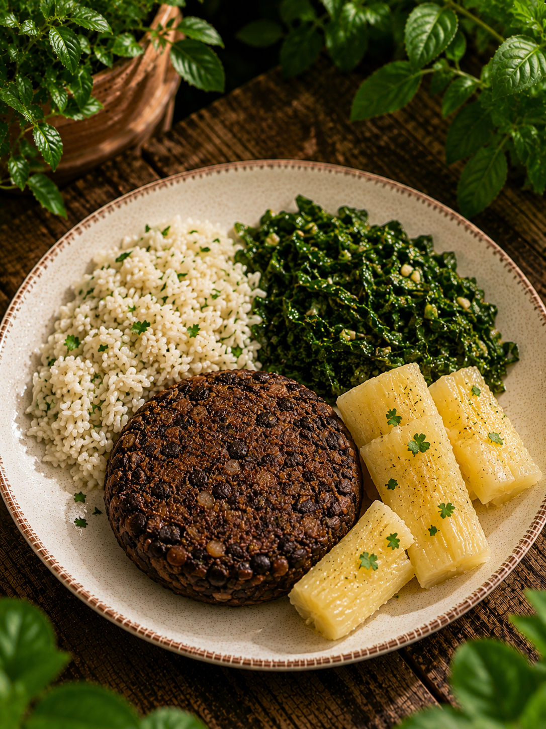 Hambúrguer de feijão preto e tomate assado, arroz, mandioca na manteiga e couve salteada