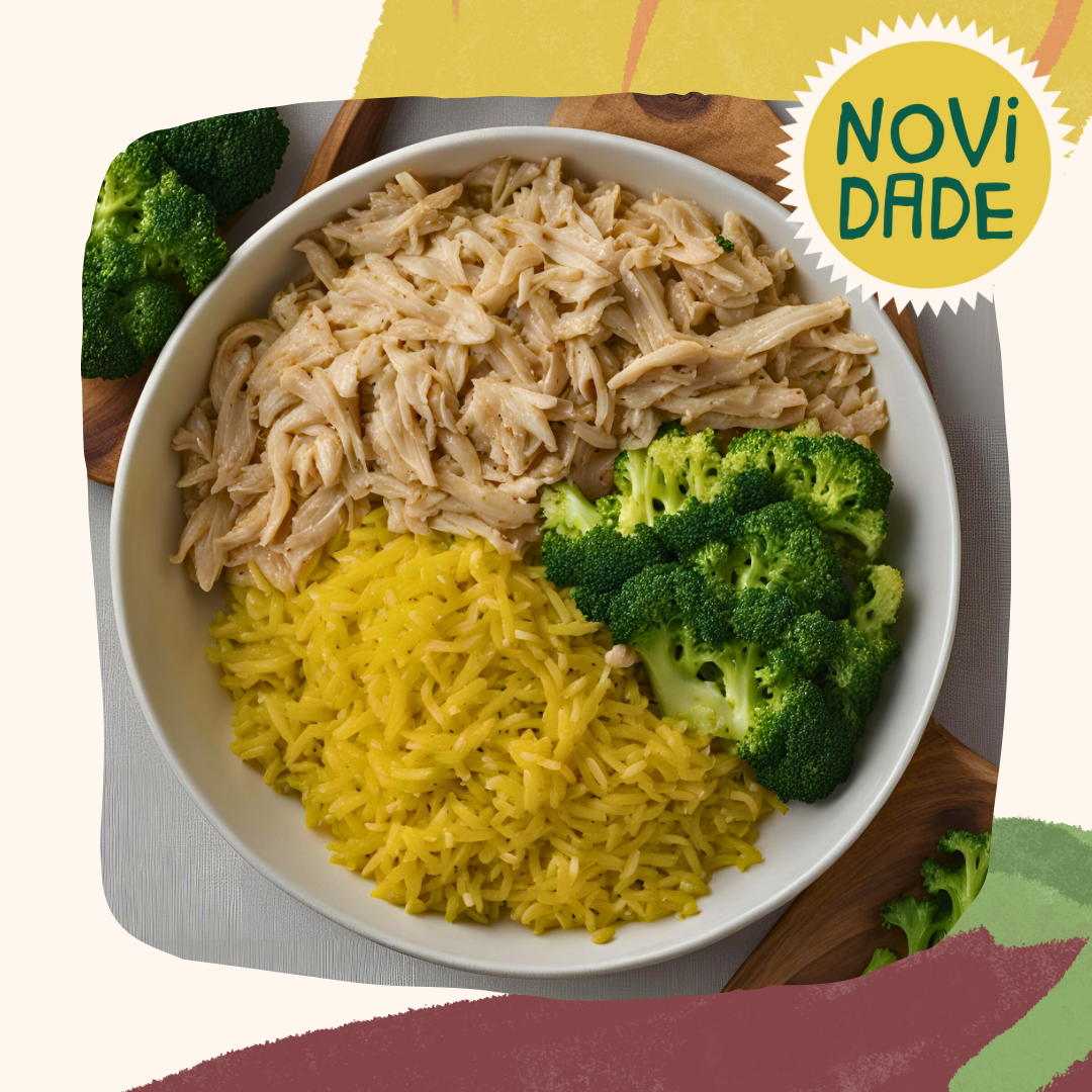 Frango desfiado, arroz e mix de legumes