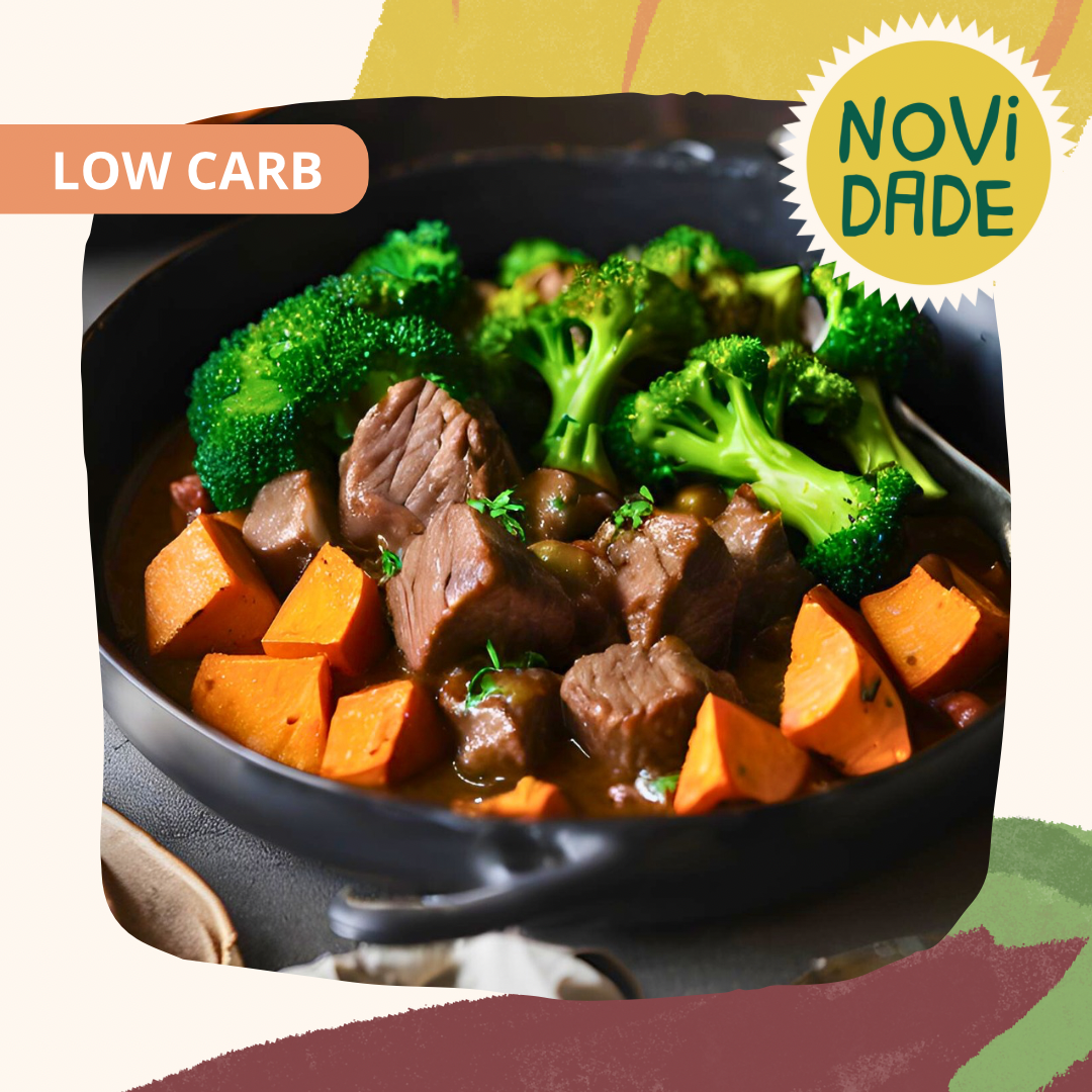Low Carb - Carne de panela, batata doce assada e brócolos