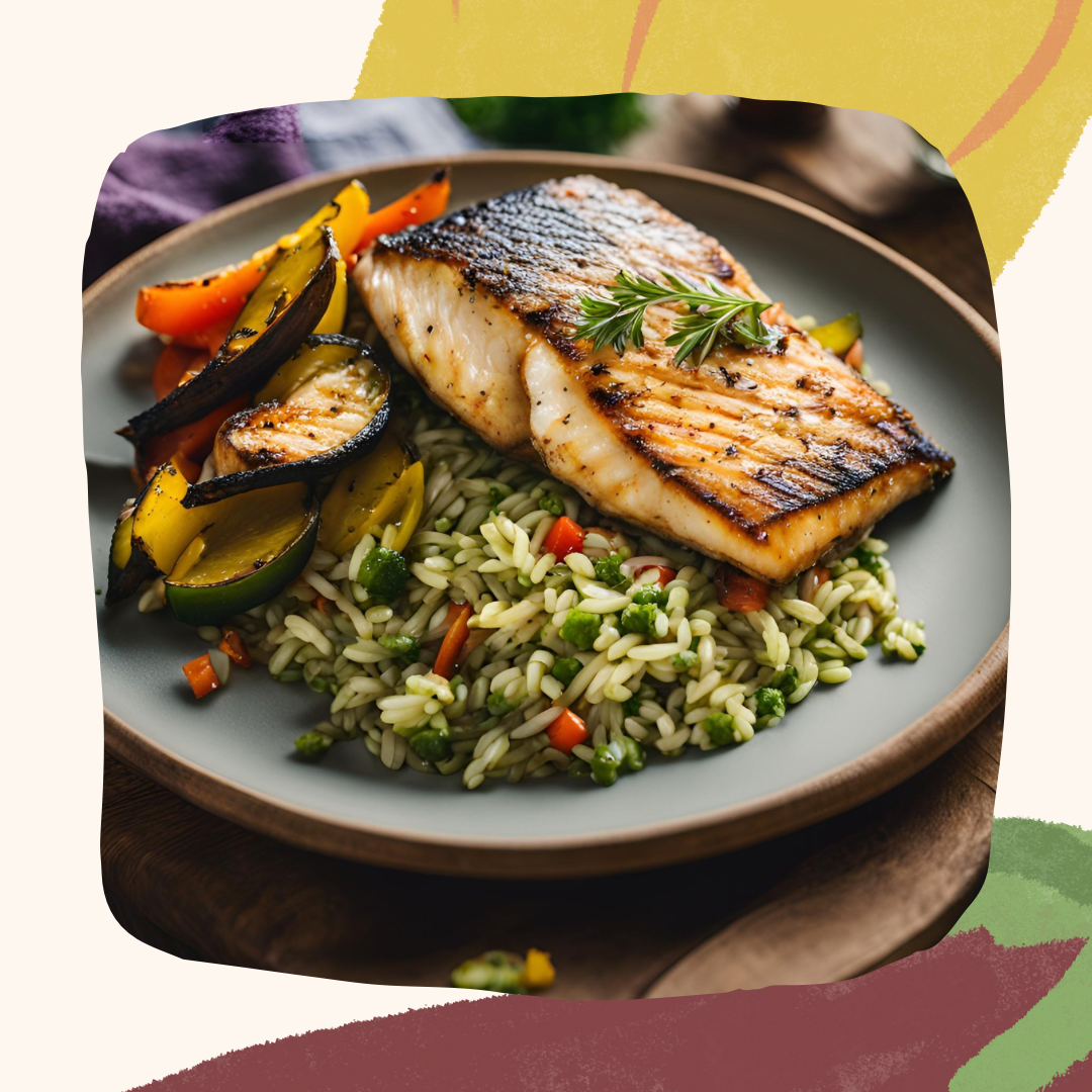 Filé de Tilapia, arroz integral verde e legumes