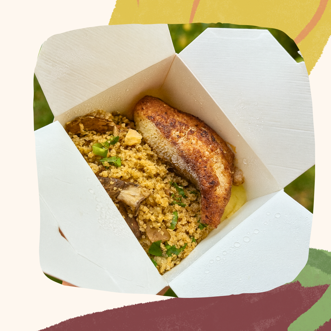 Tilapia grelhada, musseline de mandioquinha e crocante de quinoa com cogumelos