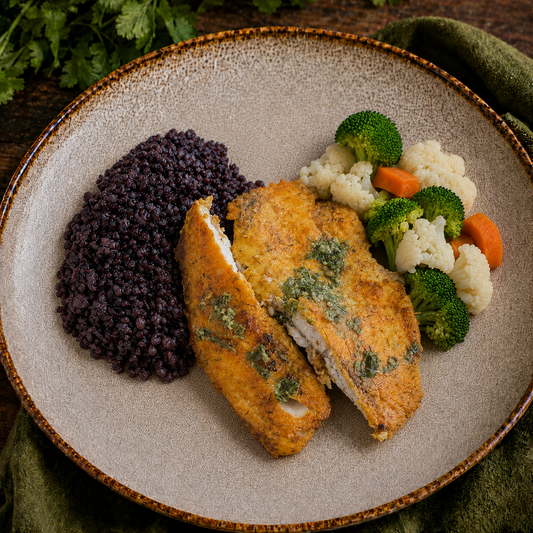Tilapia ao molho de ervas, arroz negro e brócolos ao alho